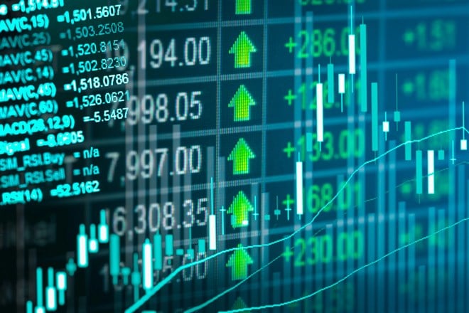 Financial data on a monitor,Stock market data on LED display