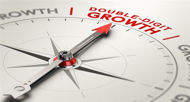 Compass with needle pointing the text double-digit growth. Financial concept. 3D illustration. 